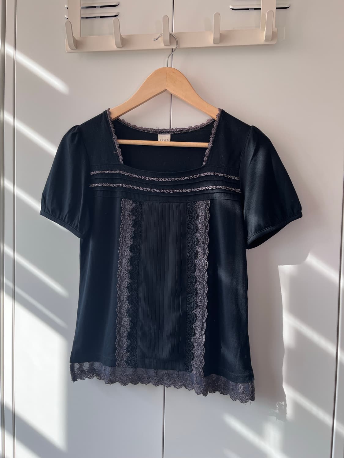 Axes femme 블랙 레이스 스퀘어넥 반팔 블라우스 상품이미지4