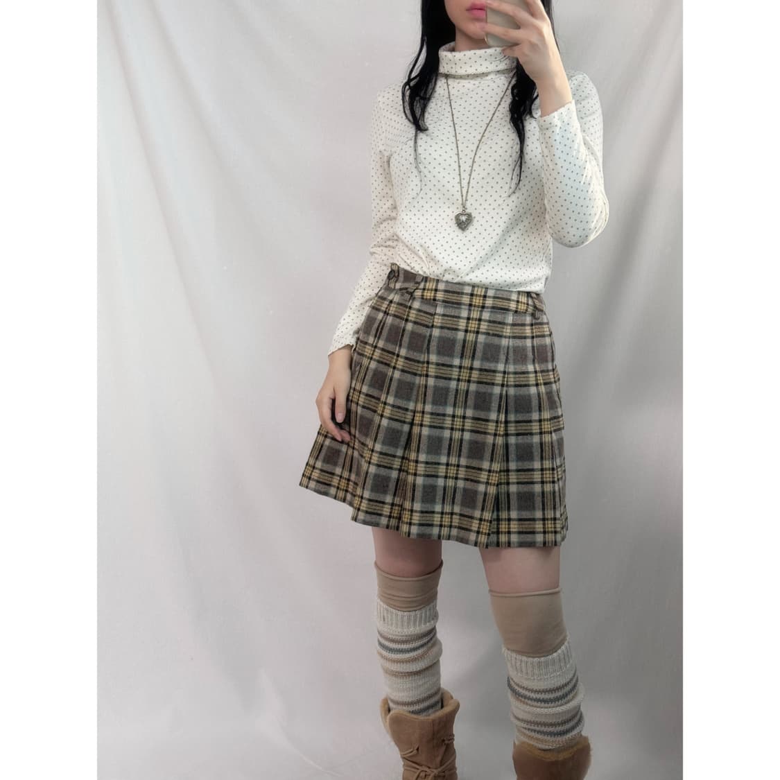 체크 패턴 플리츠 울 스커트 상품이미지1