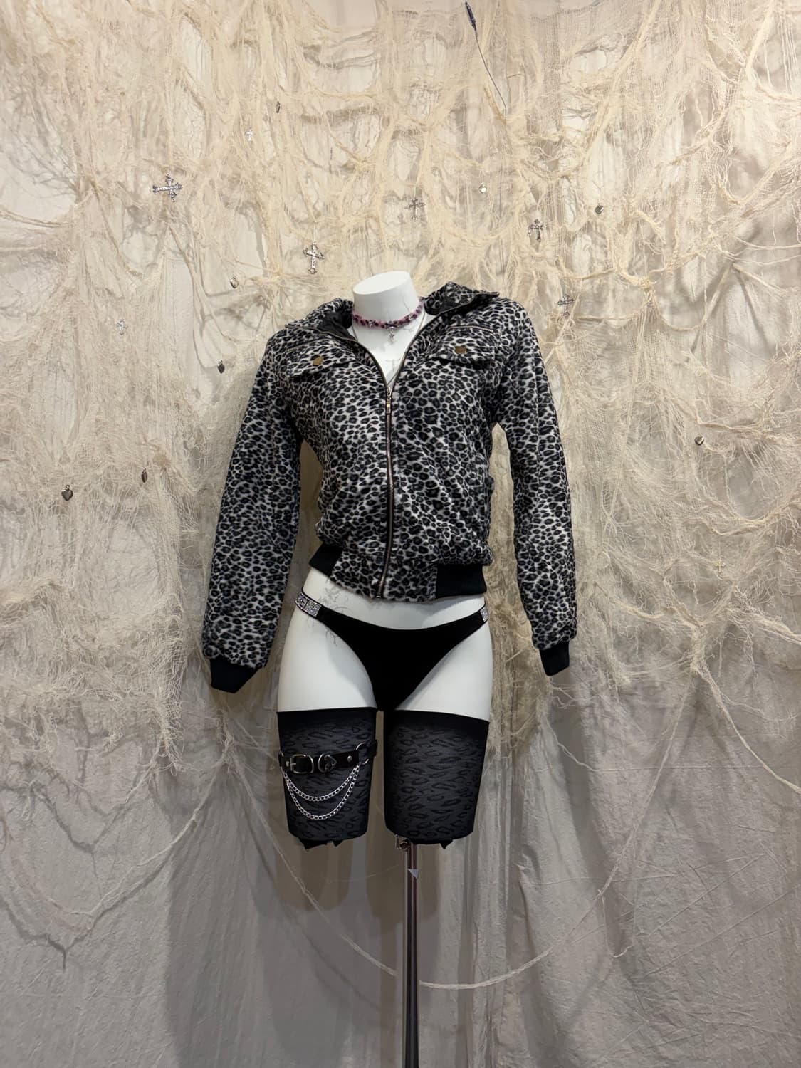 Y2K Leopard crop hoodie zip-up 상품이미지3