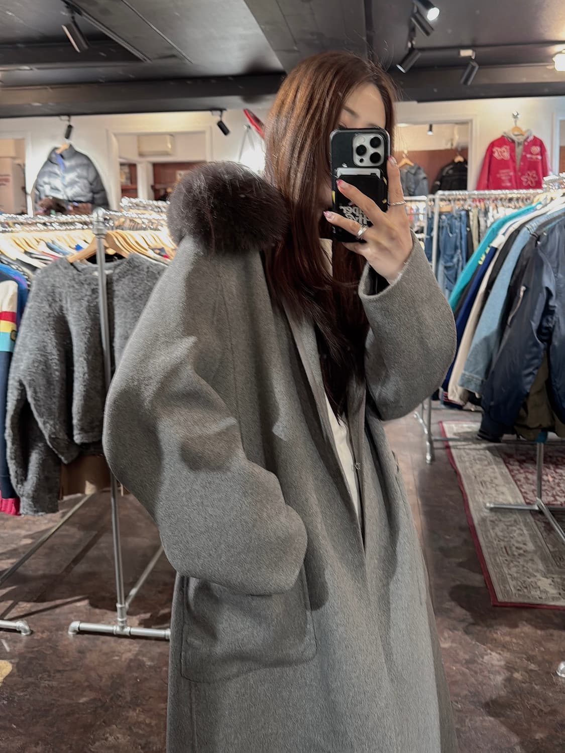 g-cut 지컷 포켓 리얼 폭스퍼 울 그레이 롱 코트 S 상품이미지6