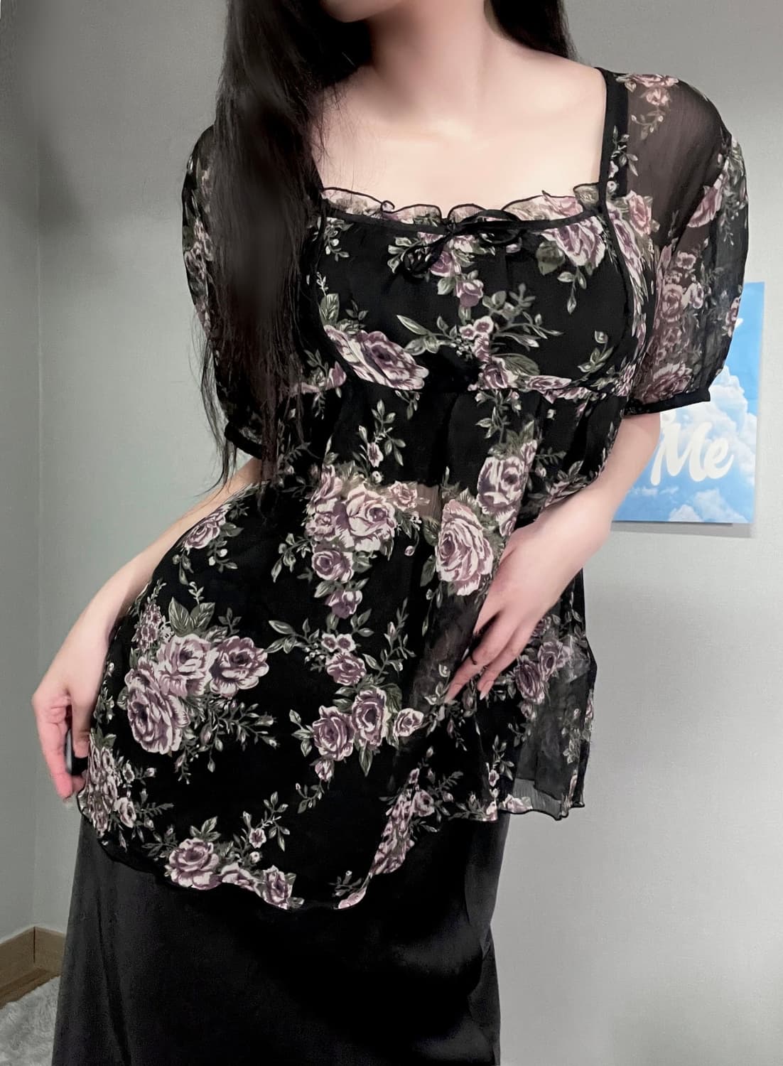 블랙 엔틱 고딕 로즈 장미 프릴 레이스 셔링 쉬폰 블라우스 상품이미지1