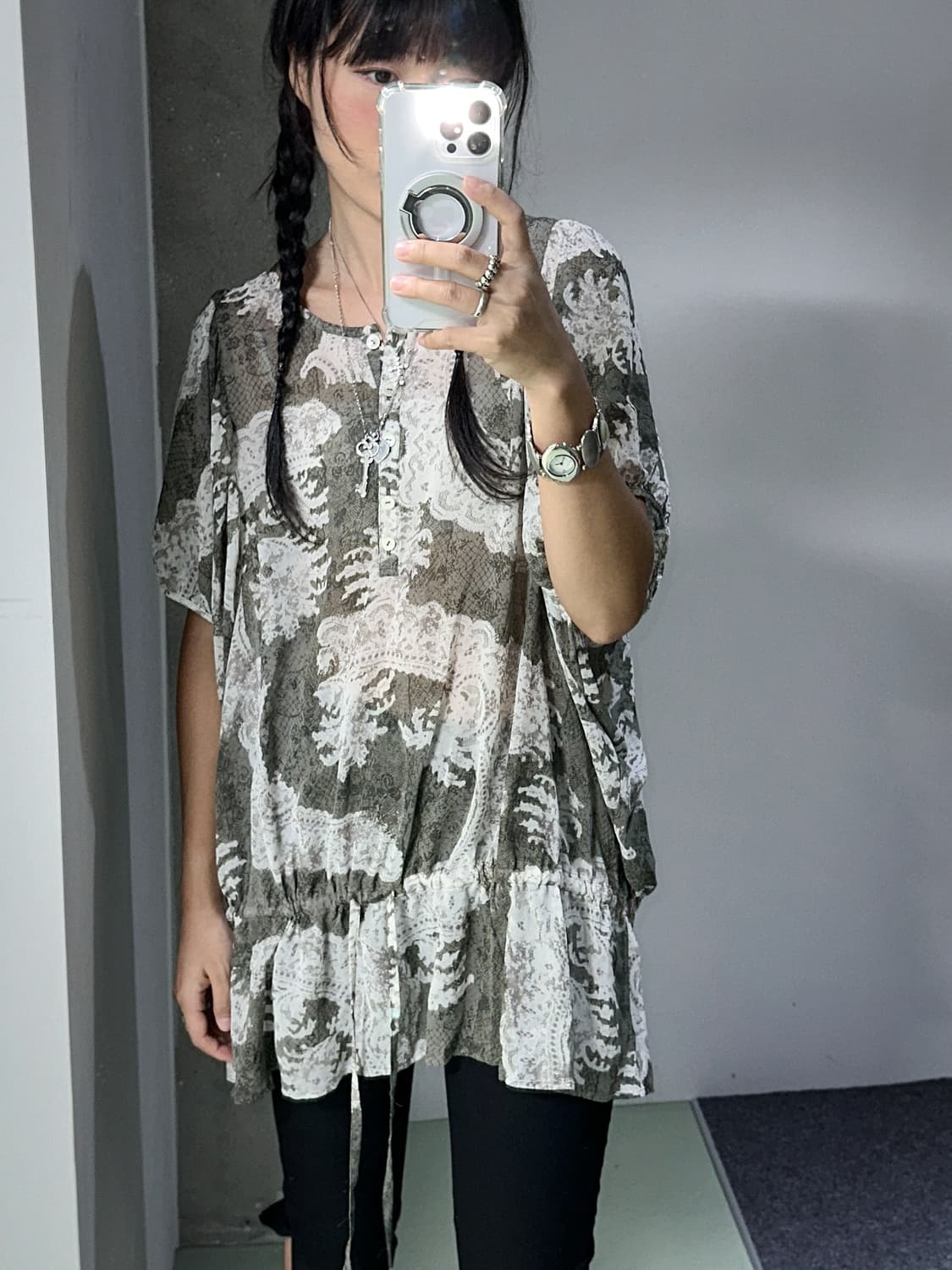 vintage khaki printed long strap top 상품이미지3