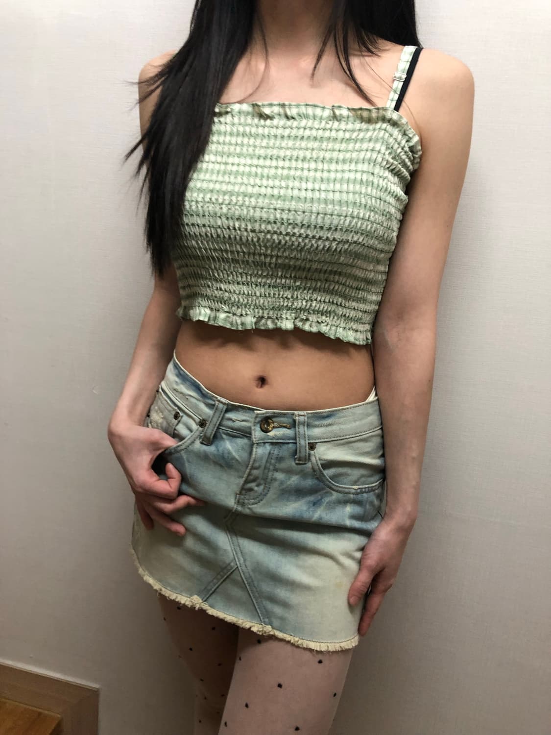 빈티지 그린 체크 슬리브리스 상품이미지3