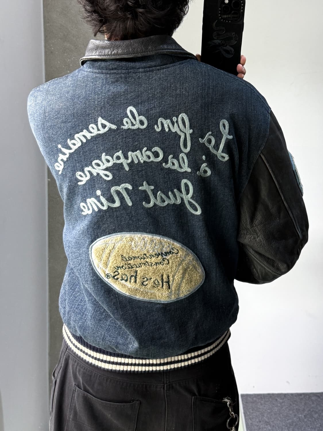 히즈해즈 데님 레더 체인 스티치 바시티 자켓  상품이미지2