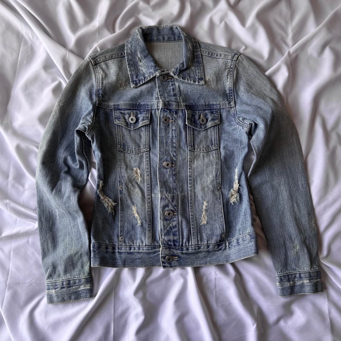 빈티지 화이트펄 데미지드 연청 데님자켓 상품이미지5