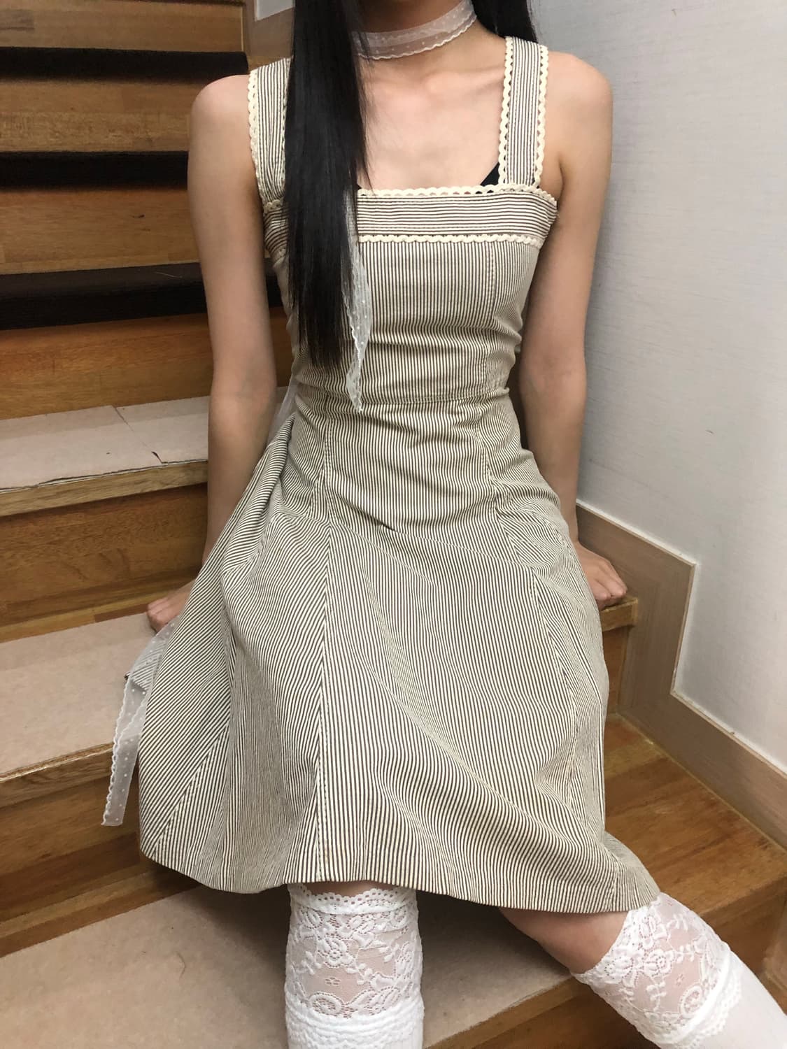 빈티지 아이보리 스트라이프 롱 원피스 상품이미지2