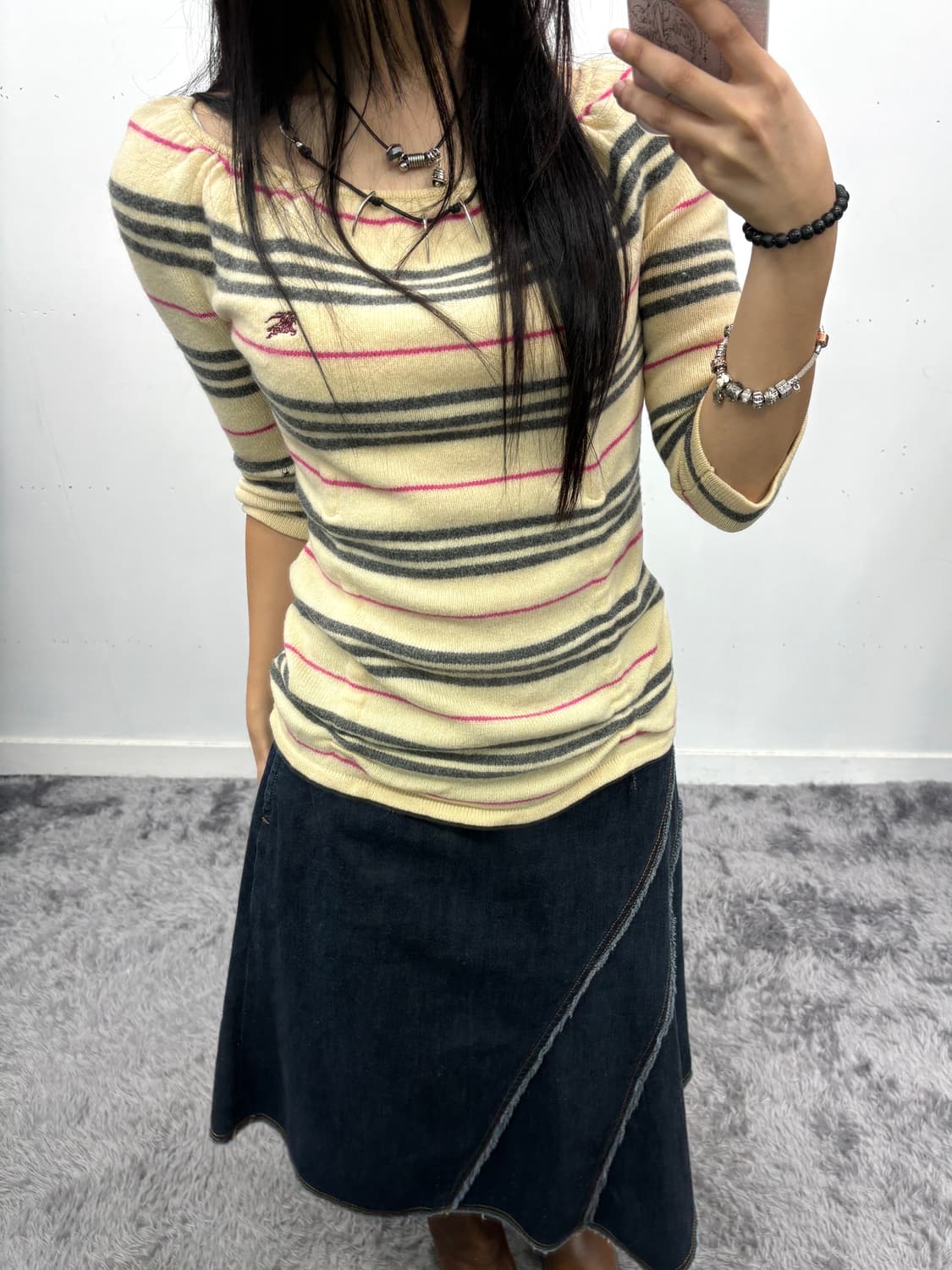 데님 비대칭 디테일 미디 스커트 상품이미지4