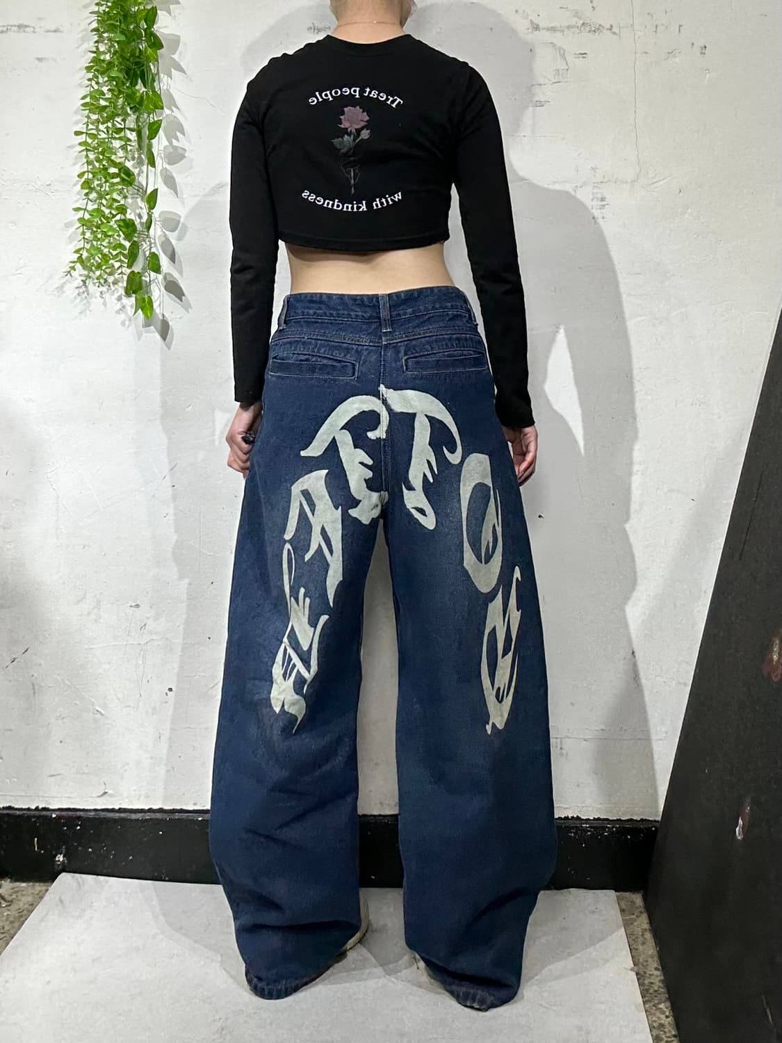빈티지 진청 와이드 힙합 새깅 백 프린팅 데님 팬츠 청바지  상품이미지1