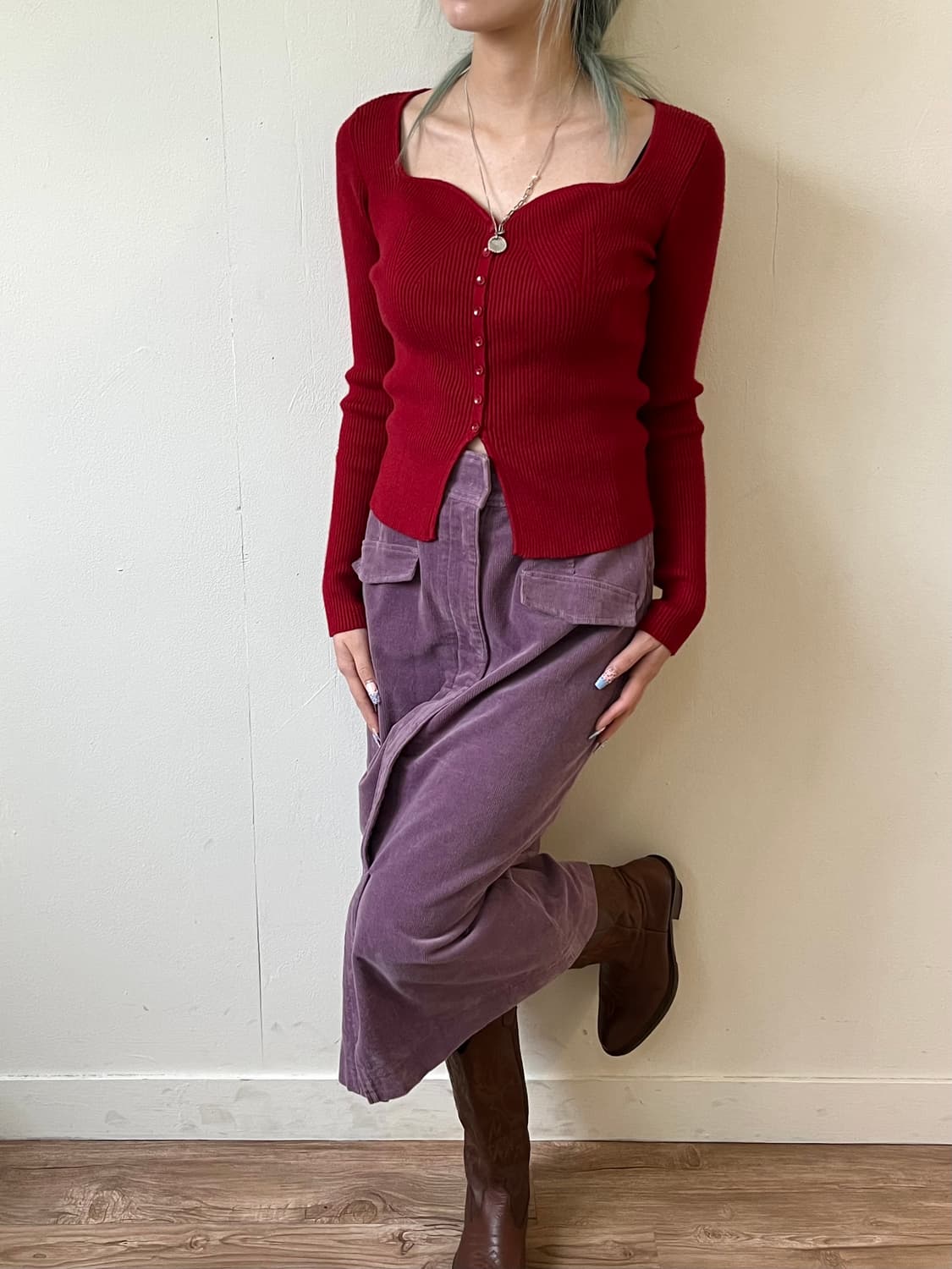 볼륨 업 레드 가디건 상품이미지5