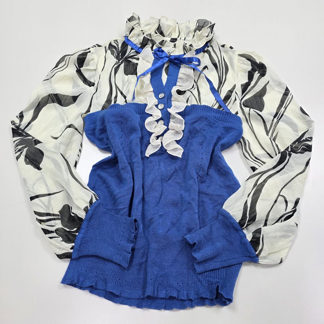 빈티지) 로맨틱 블루 모리걸st 보헤미안 리본 니트셔링 블라우스 상품이미지1