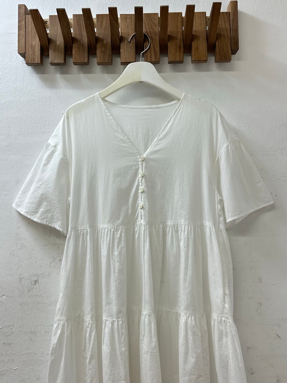 일본빈티지 코튼100% 화이트 티어드 버튼넥 반팔 블라우스 원피스 상품이미지2