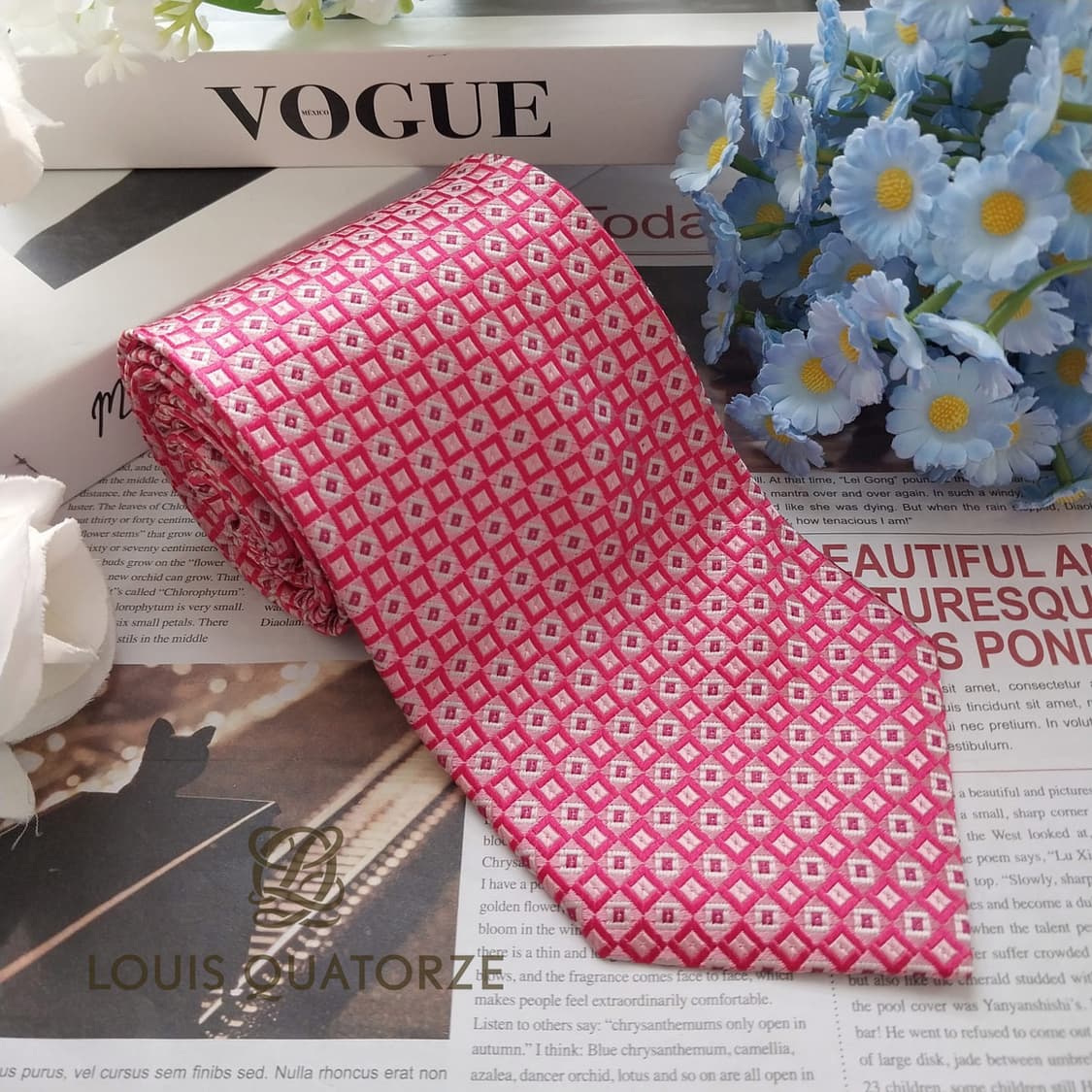 루이까또즈 실크 핑크 자카드 패턴 넥타이 9.1cm A+등급 K2343 상품이미지2