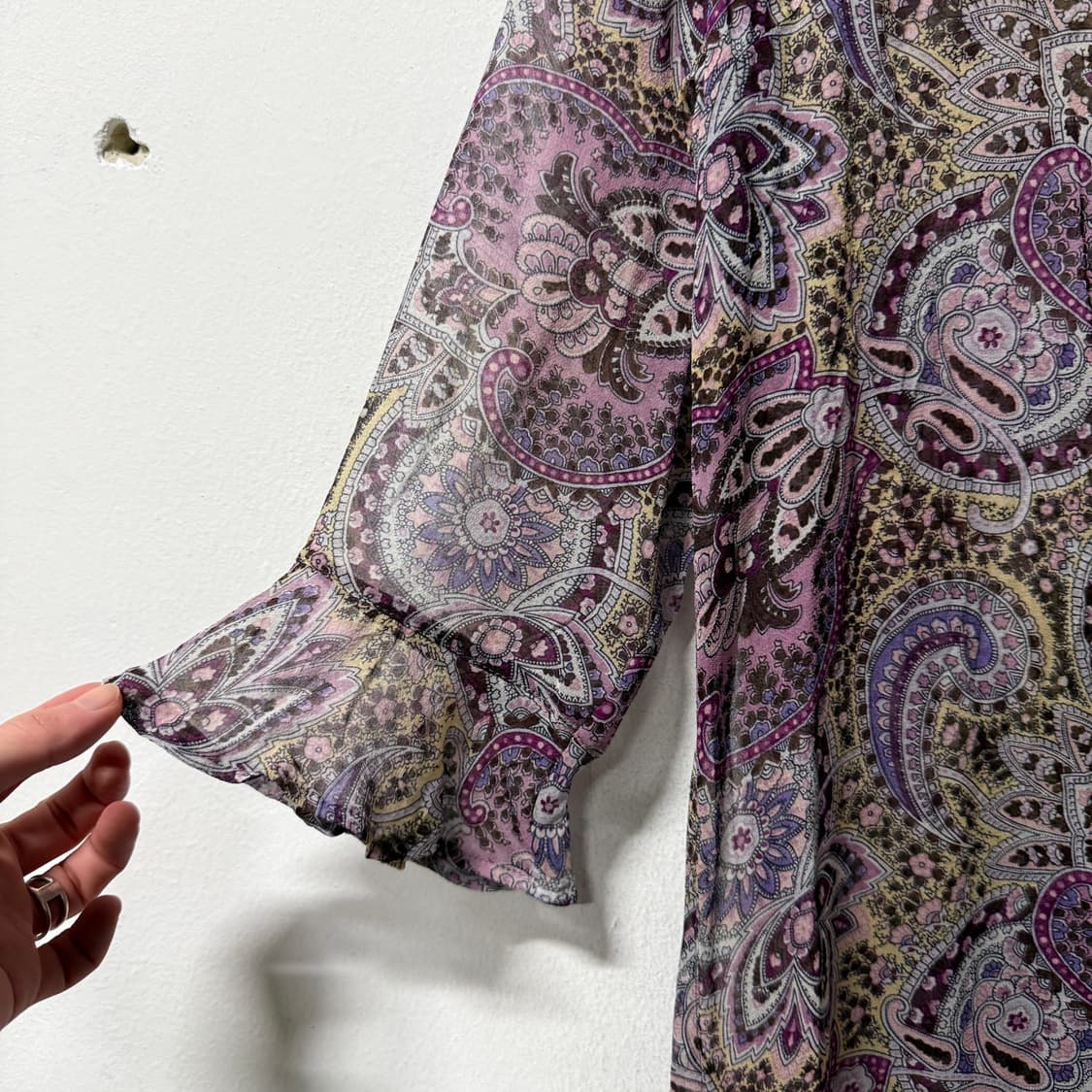 VTG 빈티지 리본 디테일 패턴 시스루 7부 롱 블라우스 탑 상품이미지4