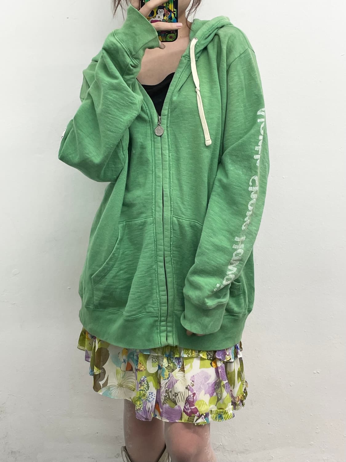 그린 워싱 레터링 루즈 헤비 후드집업 상품이미지5