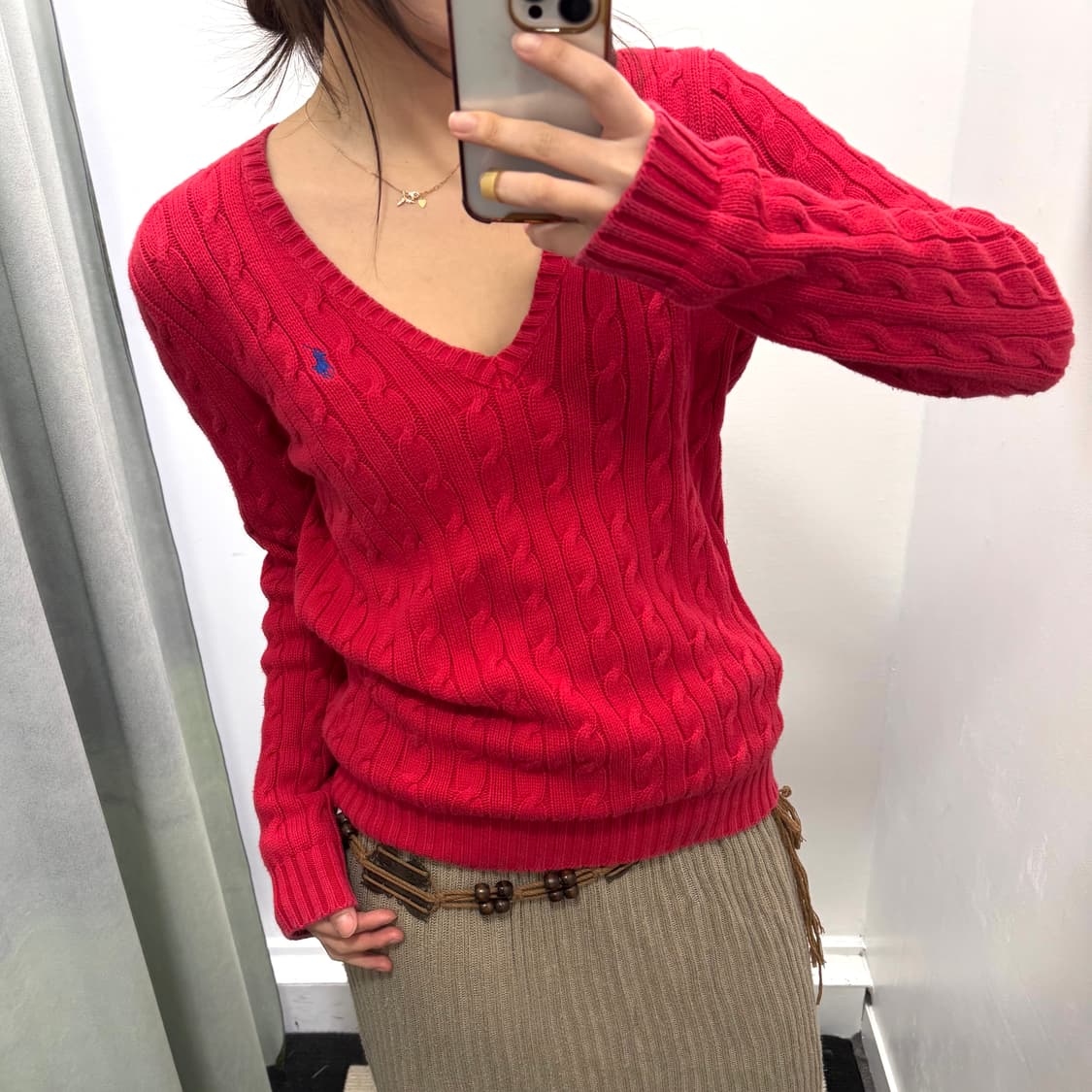 폴로 스포츠 레드 브이넥 케이블 니트  상품이미지2