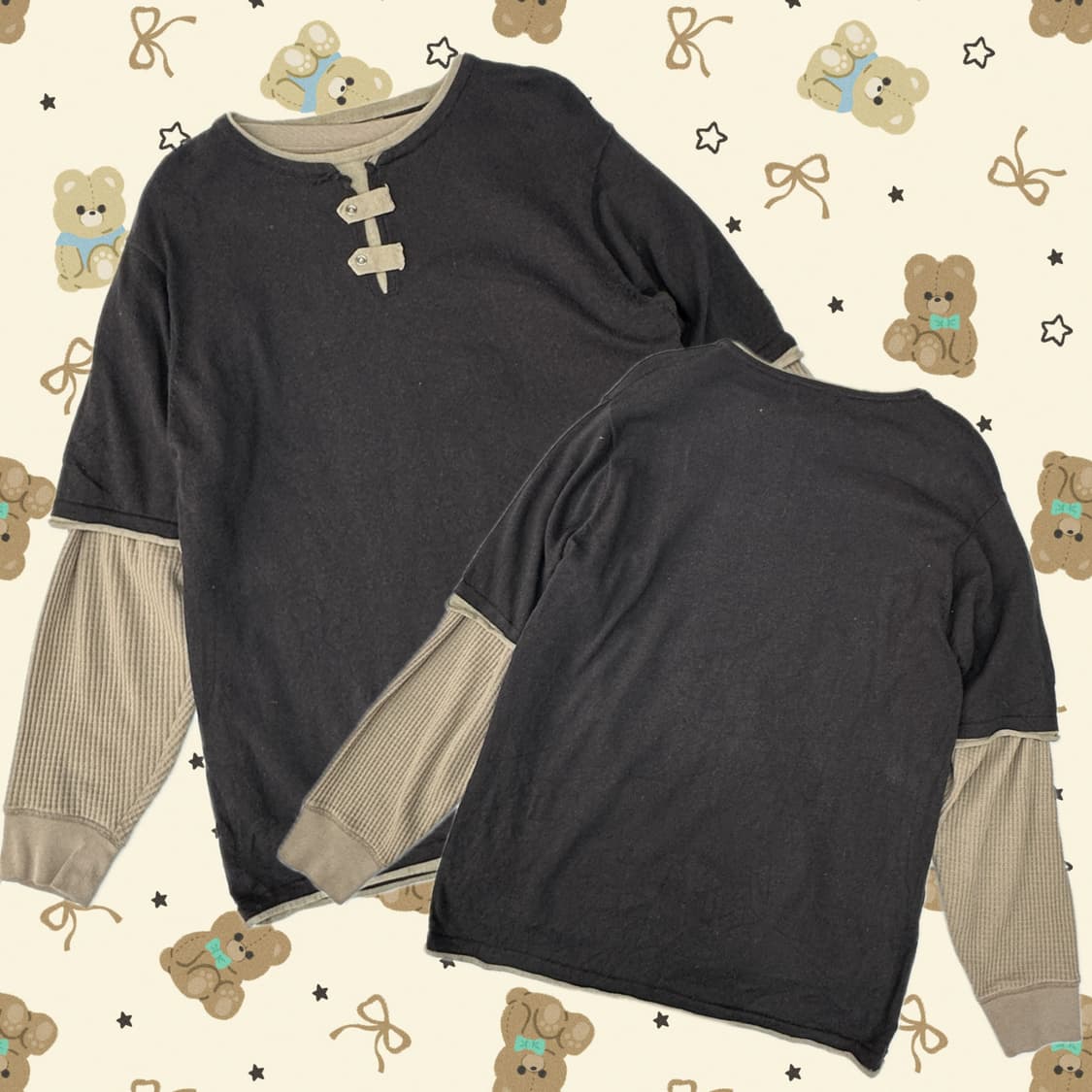 🪶보헤미안 반팔 니트 레이어드세트 🪶 펑크 락 와플 긴팔티셔츠 상품이미지1