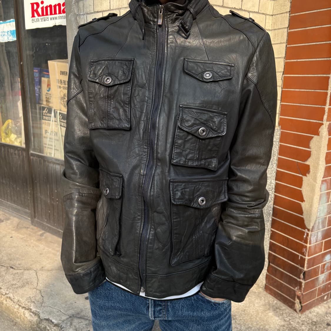 빈티지 다크올리브 카프레더 바이커 자켓 상품이미지1