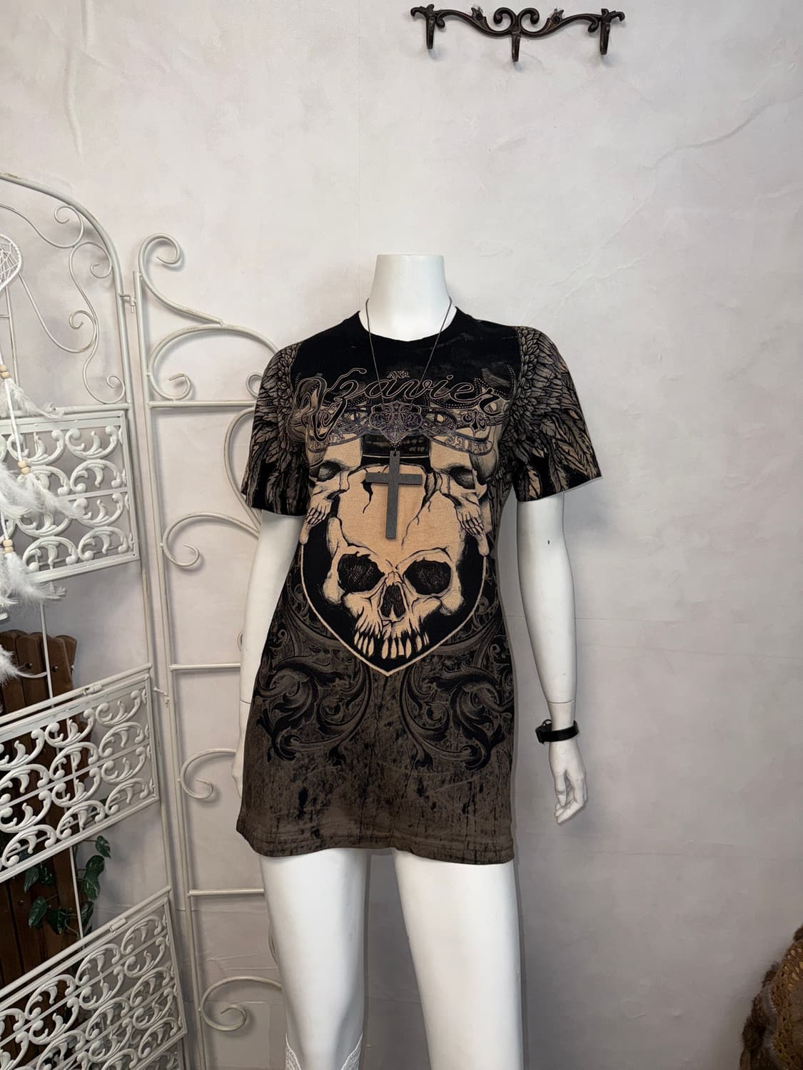 Black tie dye punk skull wings half t 상품이미지4