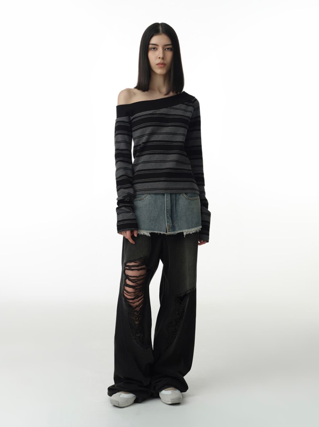 밀로우먼 원숄더 스트라이프 티셔츠 (차콜그레이) 상품이미지2