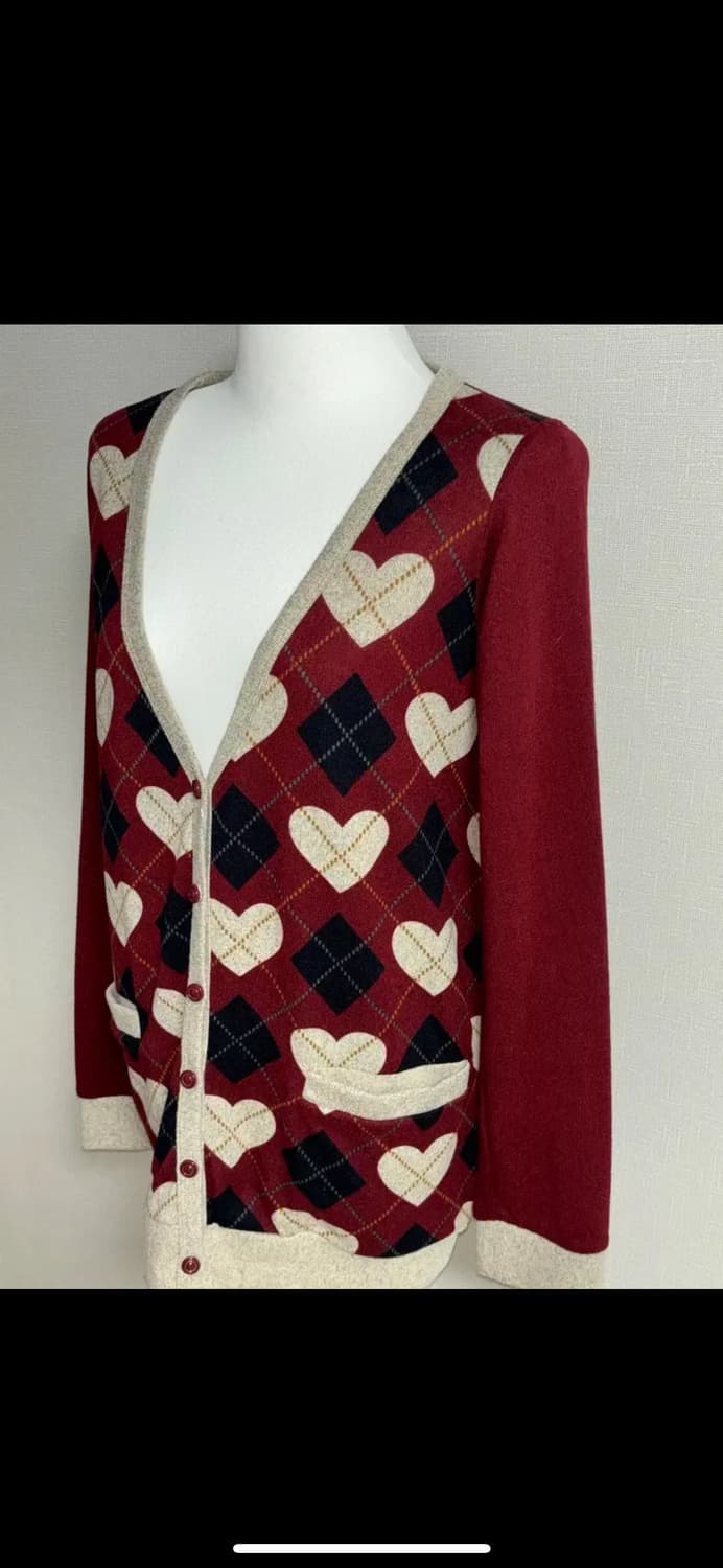 아가일 하트 패턴 레드 가디건 상품이미지2