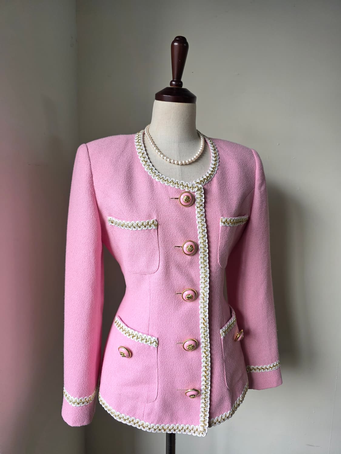 핑크 레이스 테이핑 금장 버튼 트위드 자켓 상품이미지3