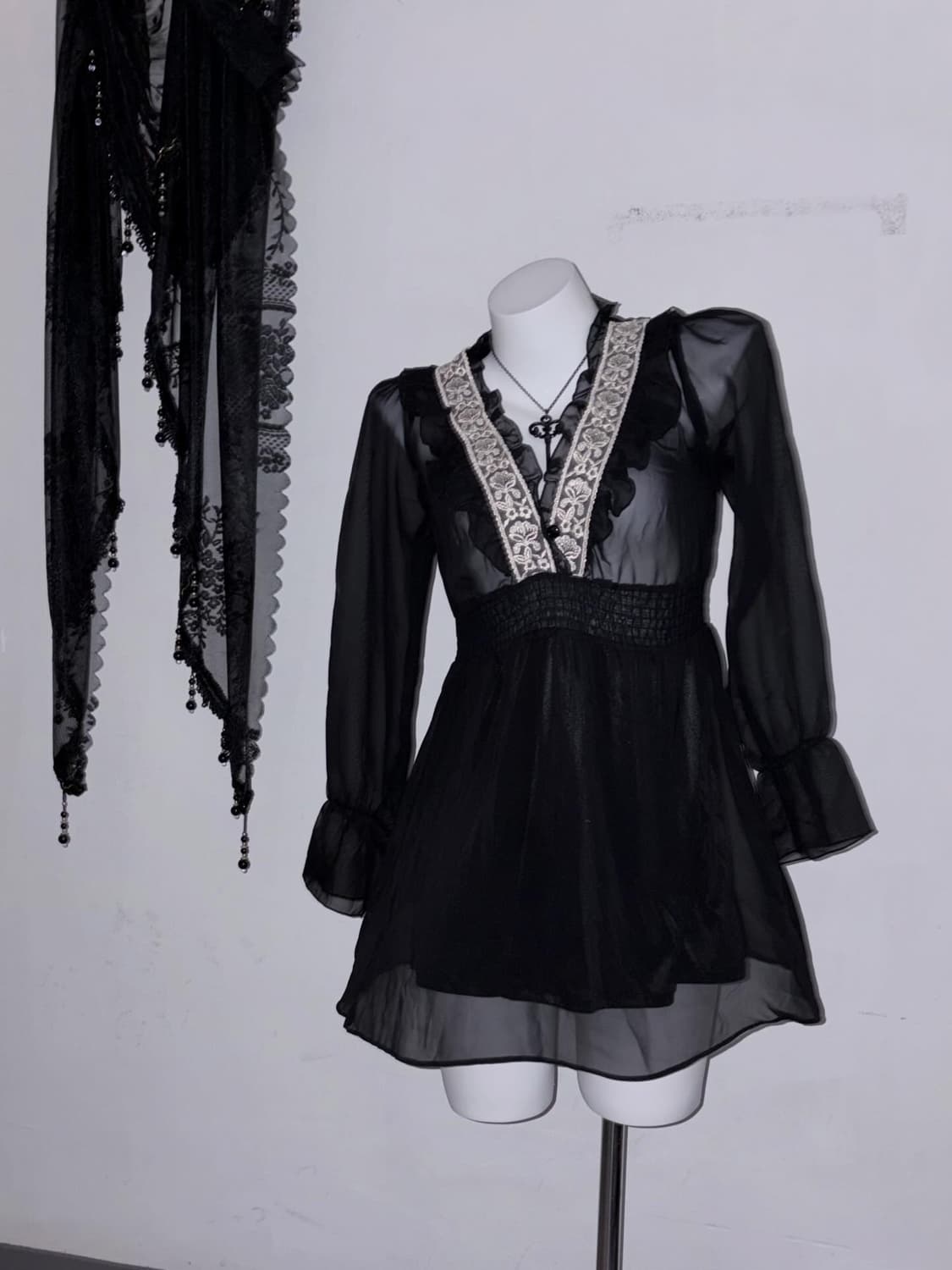 블랙 페어리 오리엔탈 시스루 원피스 (자수, 프릴, 샤, 고딕, 고스) 상품이미지1