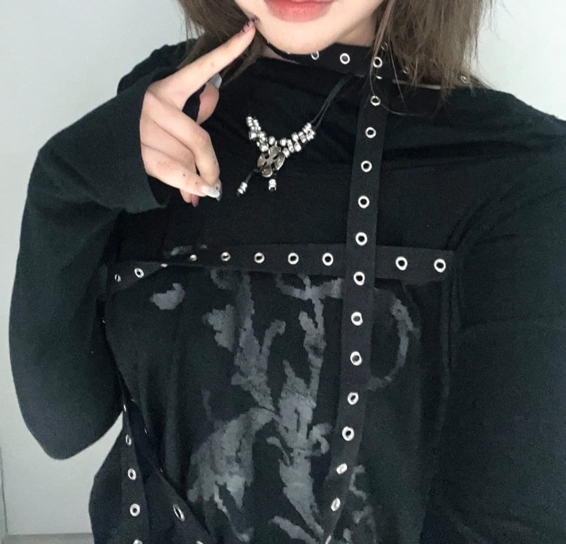 키묘 아일렛 벨트 레이어 맥시 슬리브리스 블랙 상품이미지3