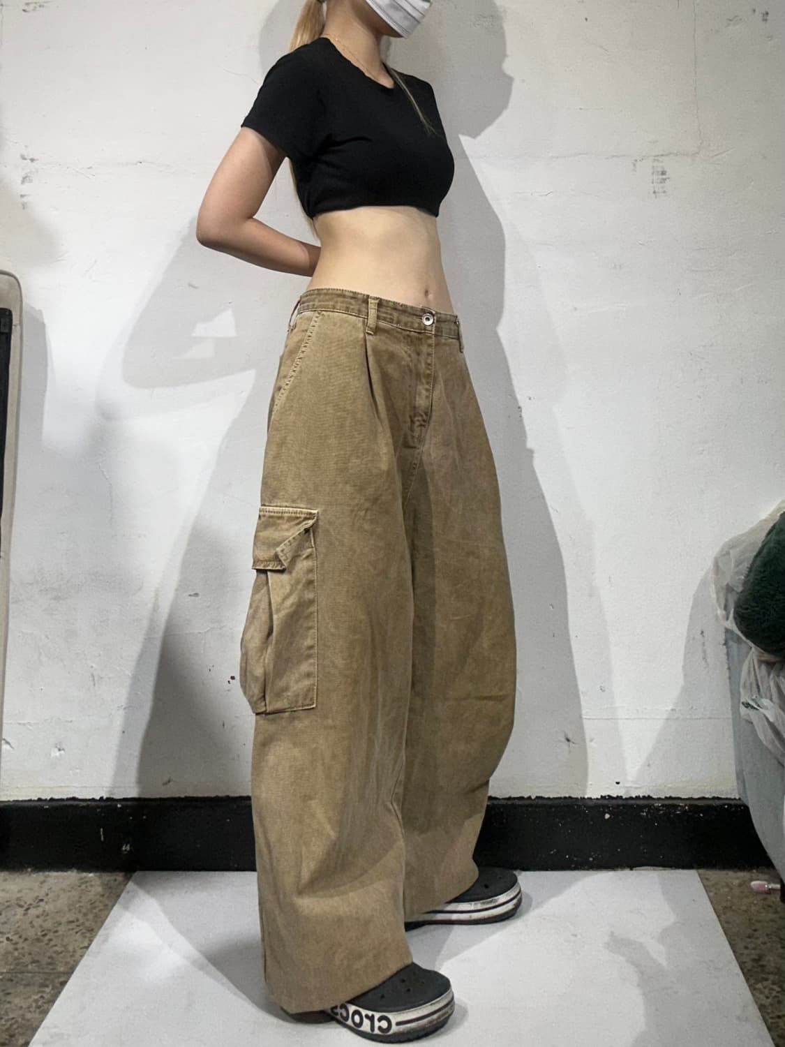 빈티지 베이지 워싱 벌룬핏 와이드 카고 바지 데님 팬츠  상품이미지1