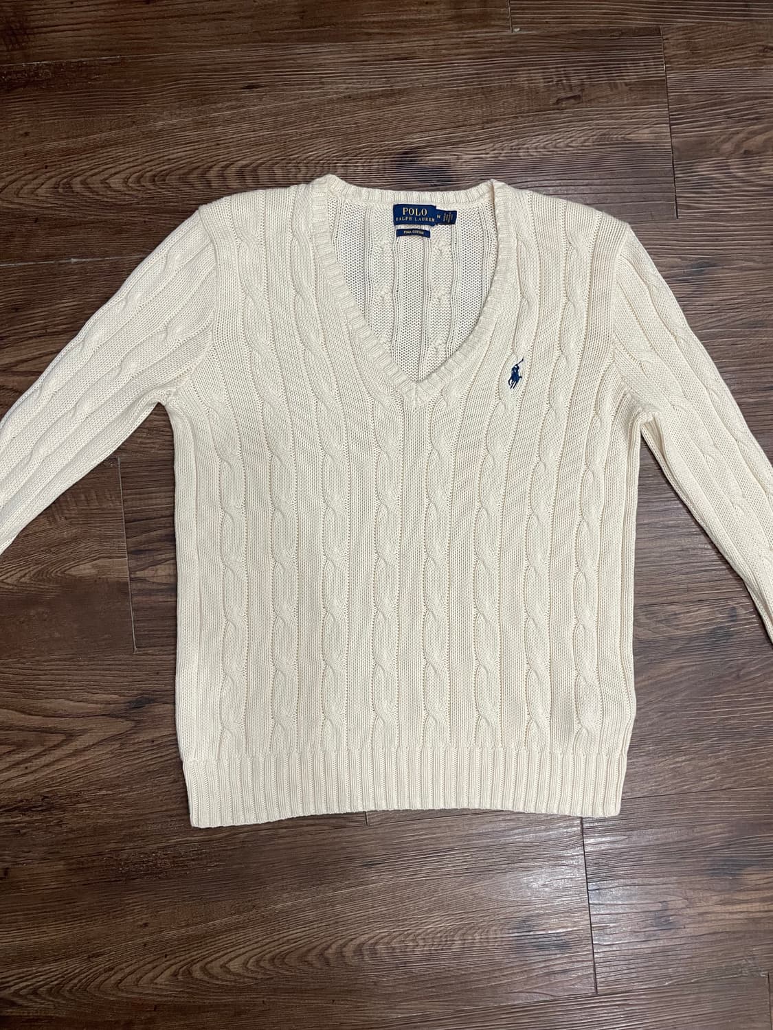 폴로 피마코튼 케이블 브이넥 니트 코튼 스웨터 크림 상품이미지2