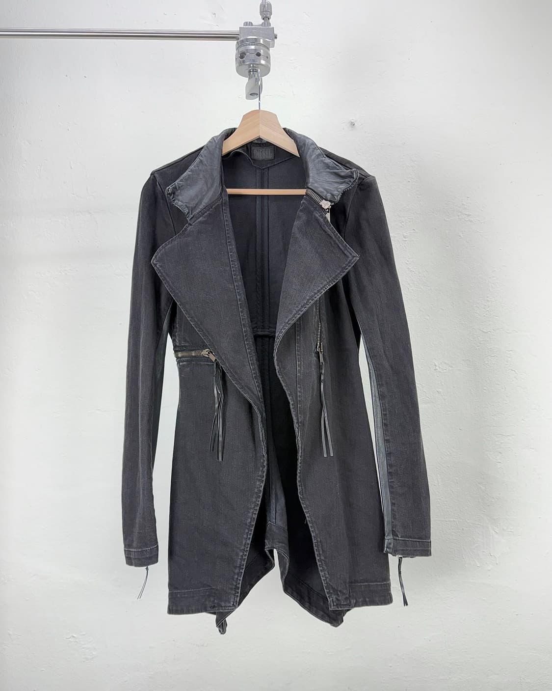 디젤 00s 블랙 레더 믹스드 오픈 카라 바이커 자켓 상품이미지1