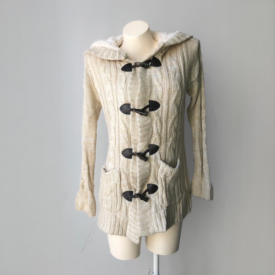 베이지 퍼 후드 더플 롱 가디건 상품이미지1