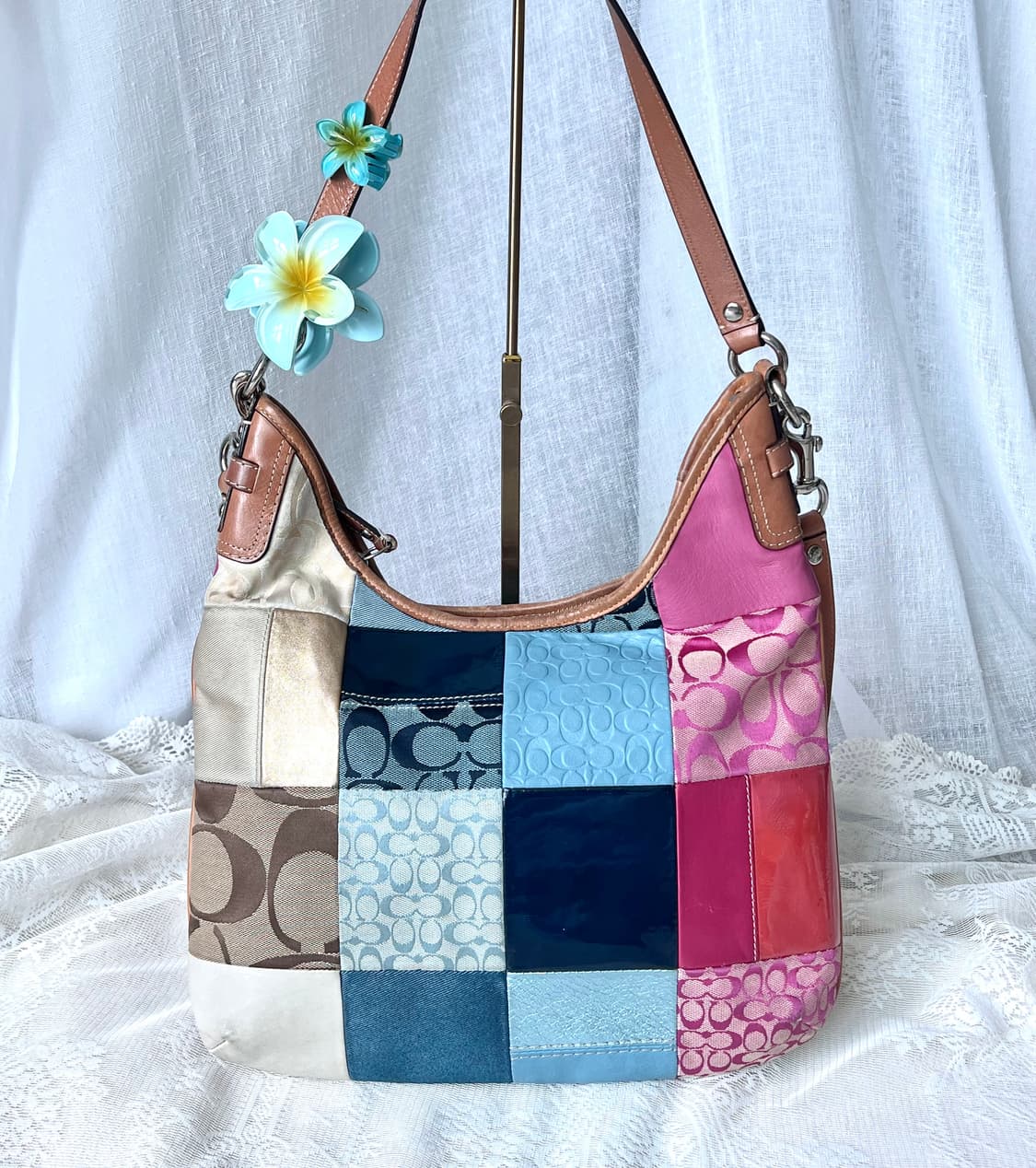 90s coach 시그니처 패치워크 아카이브 레더 캔버스 숄더백 상품이미지2