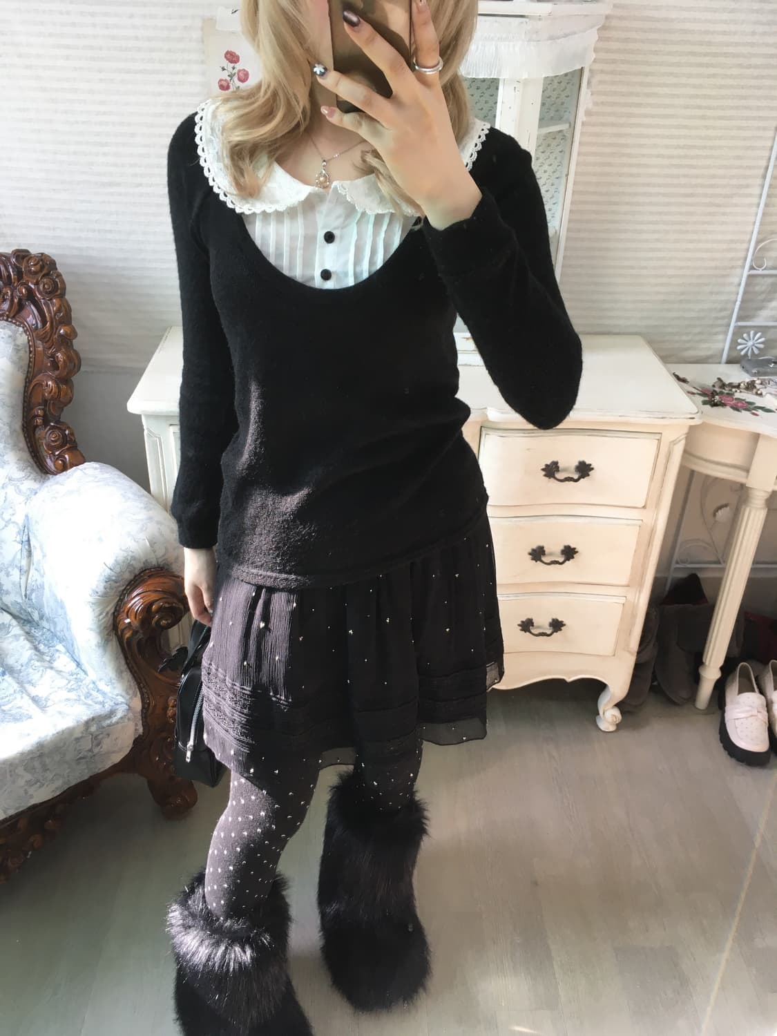 jpn vintage black wrinkle beads lace sk 상품이미지4