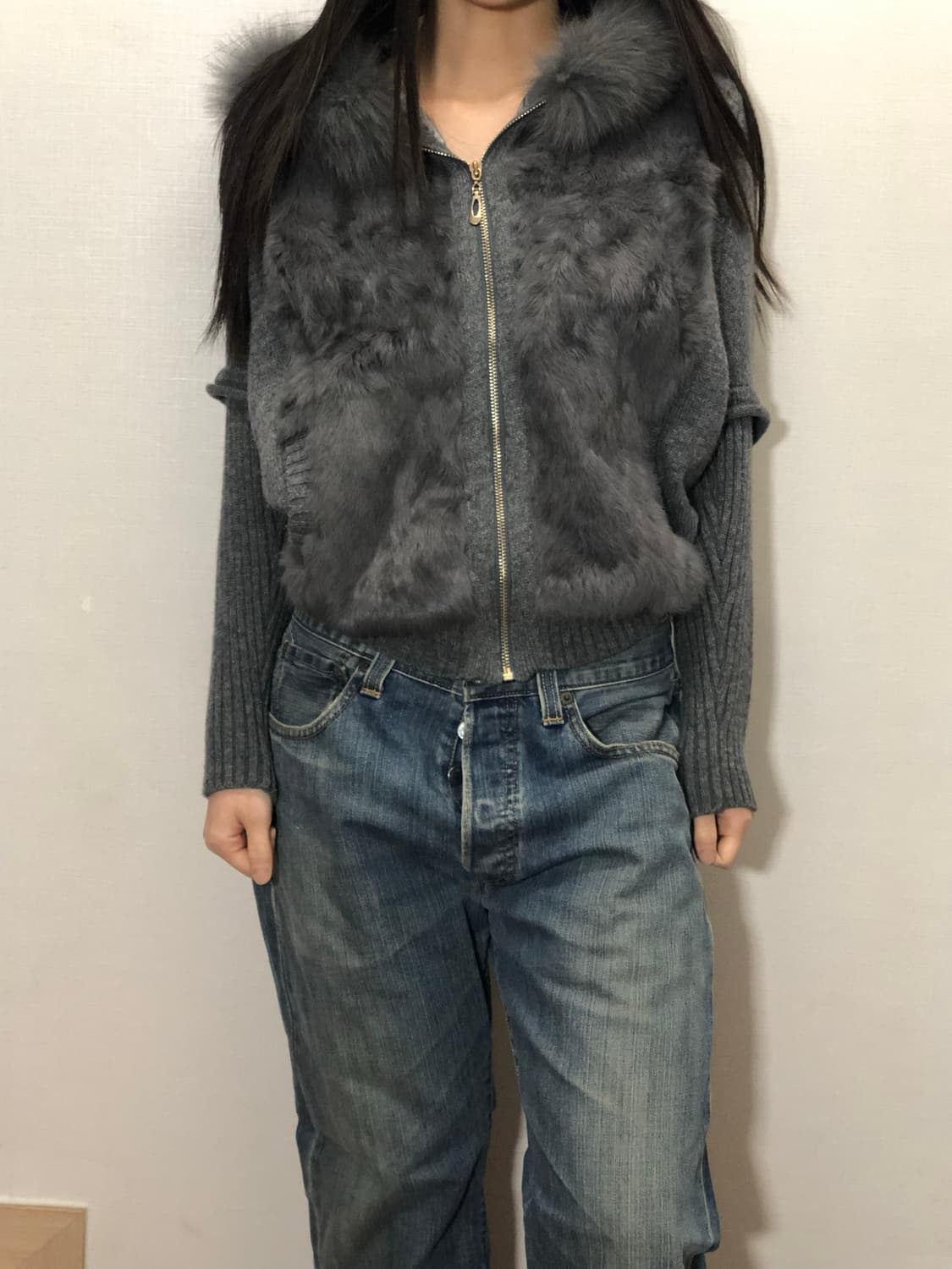 빈티지 그레이 퍼 니트 집업 상품이미지6