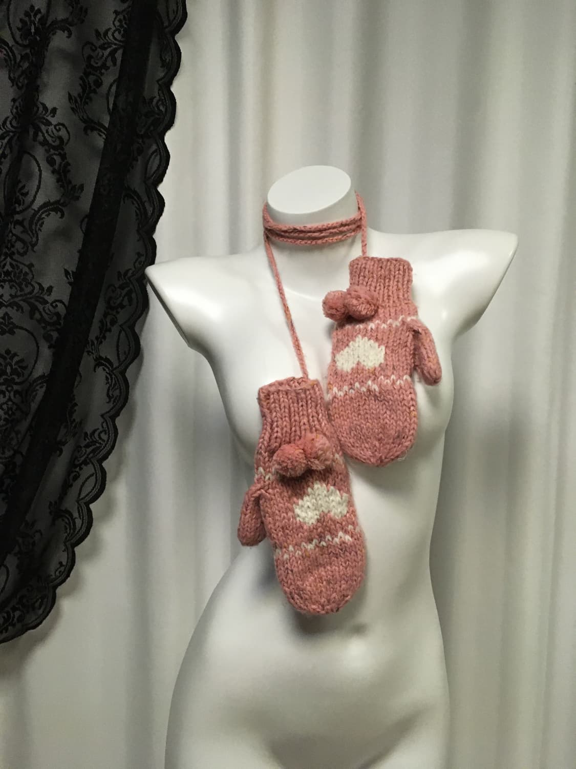Vintage 하구미 모리걸 하트 뜨개자수 니트 벙어리장갑 뮤트핑크 상품이미지1
