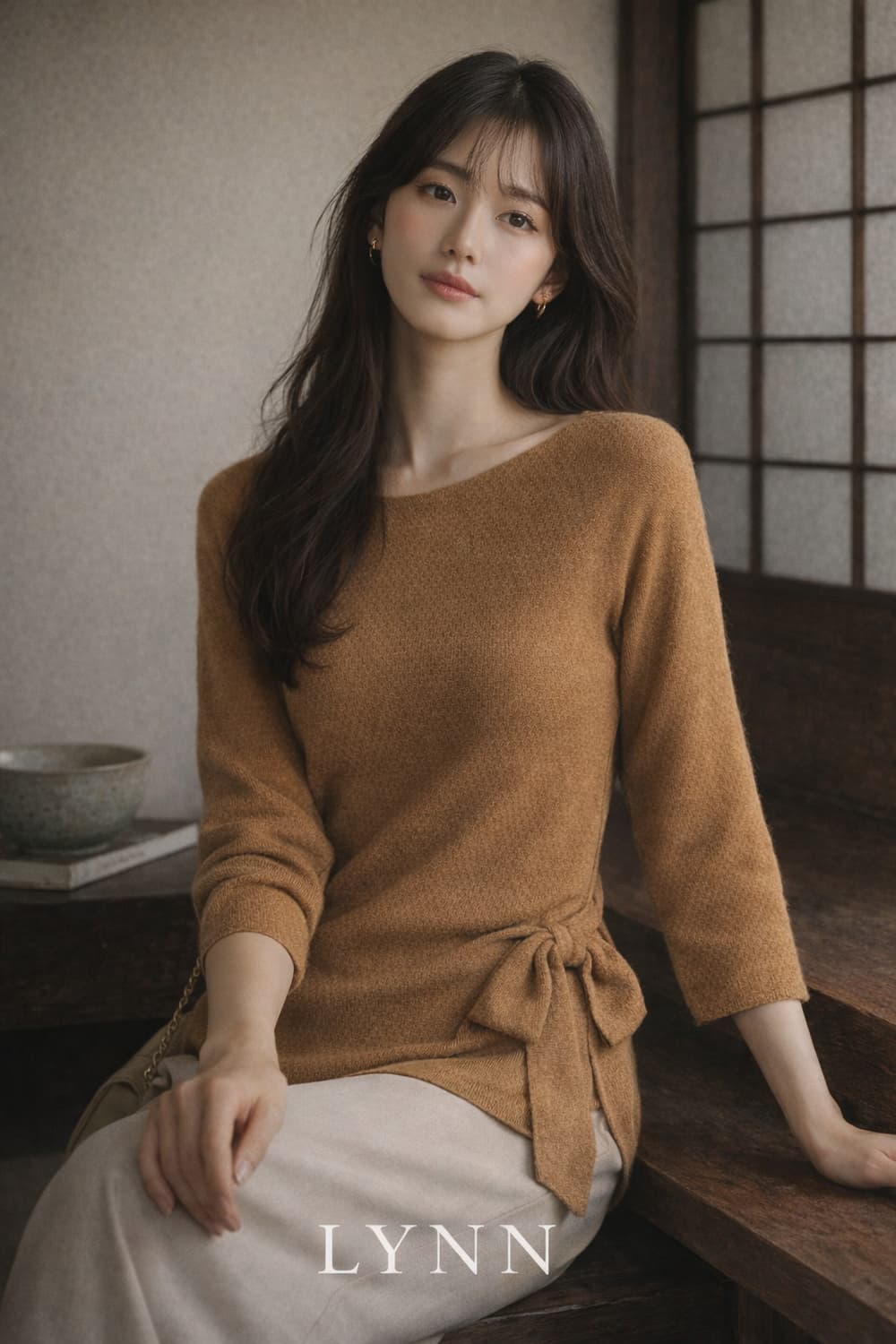프리미엄 빈티지, 잔잔한 고급 무드 카멜 리본 니트 (LYNN) 상품이미지2