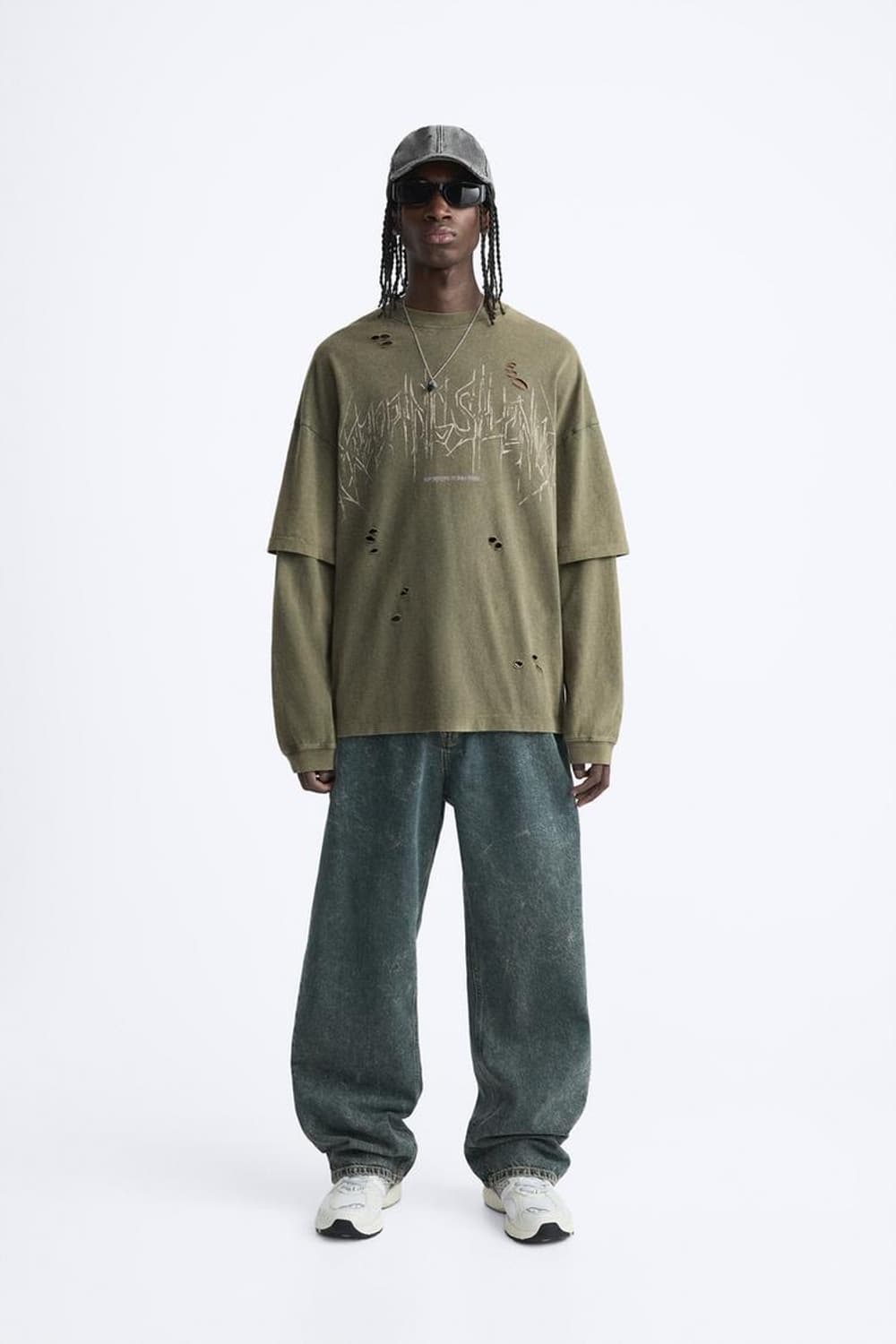 자라 빈티지 레이어드 티셔츠 카키 L/XL 상품이미지1