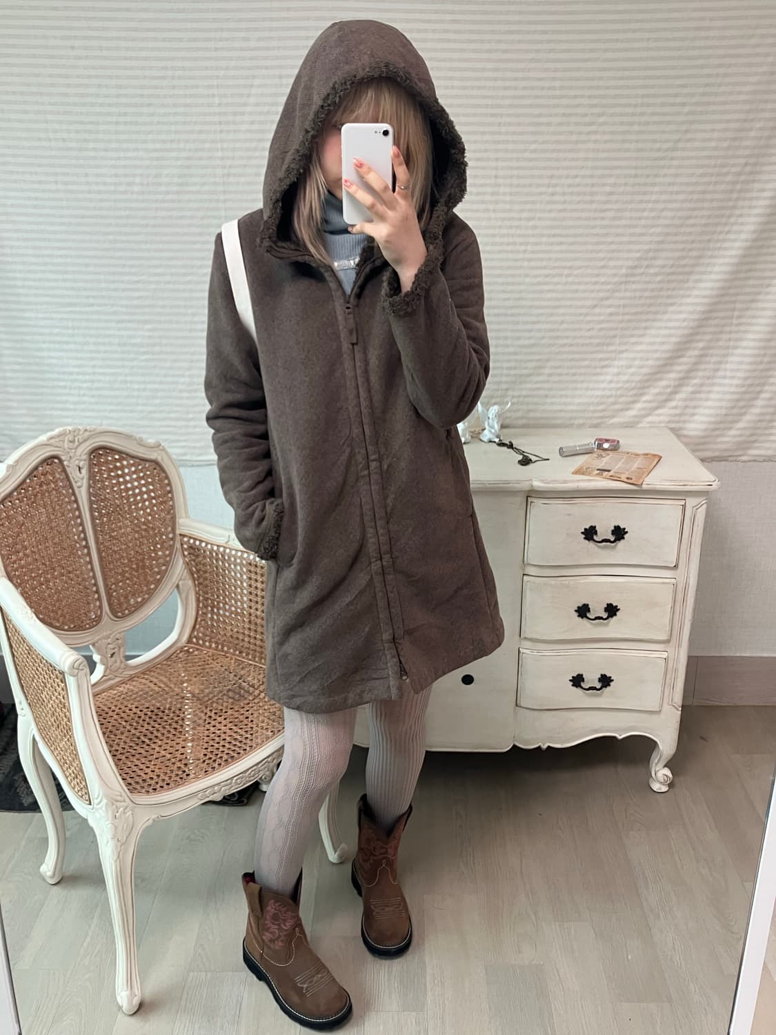 jpn vintage 브라운 헤링본 후드 뽀글이 후드집업 상품이미지4