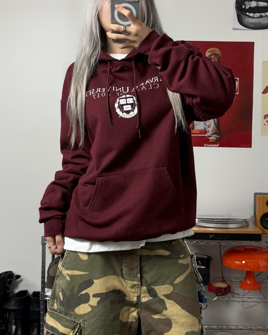 챔피온 00s 하버드 컬리지 로고 버건디 스웻 후디 상품이미지1