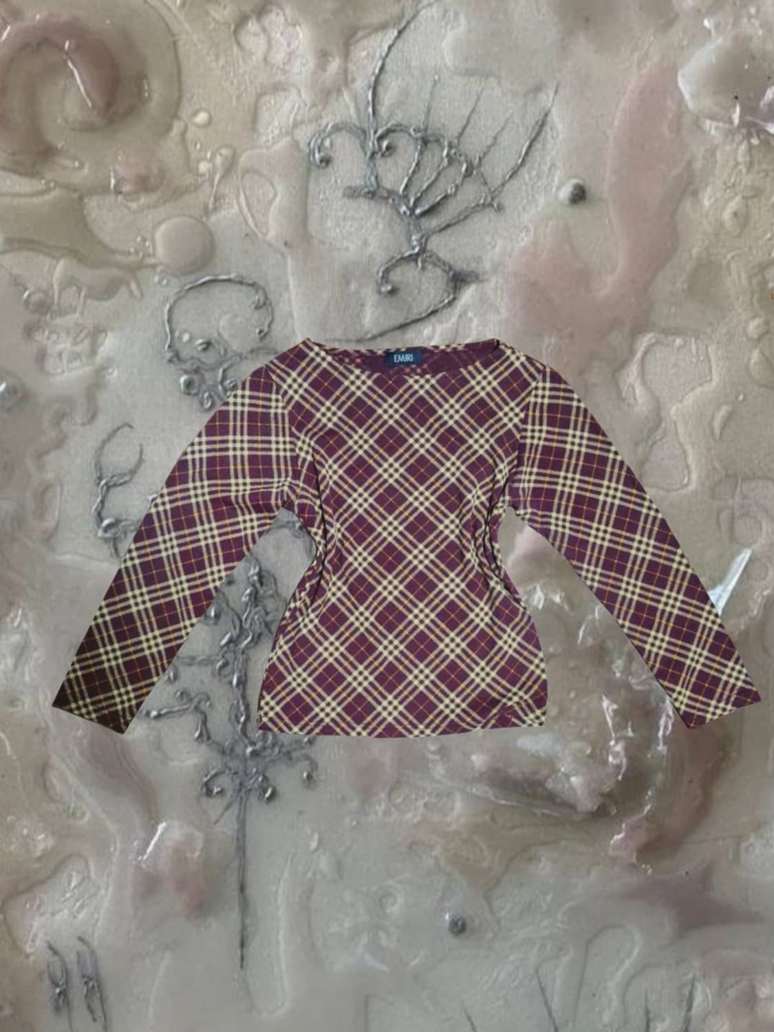 일본 빈티지 버건디 체크 보트넥 긴팔 티셔츠 롱슬리브 상품이미지1