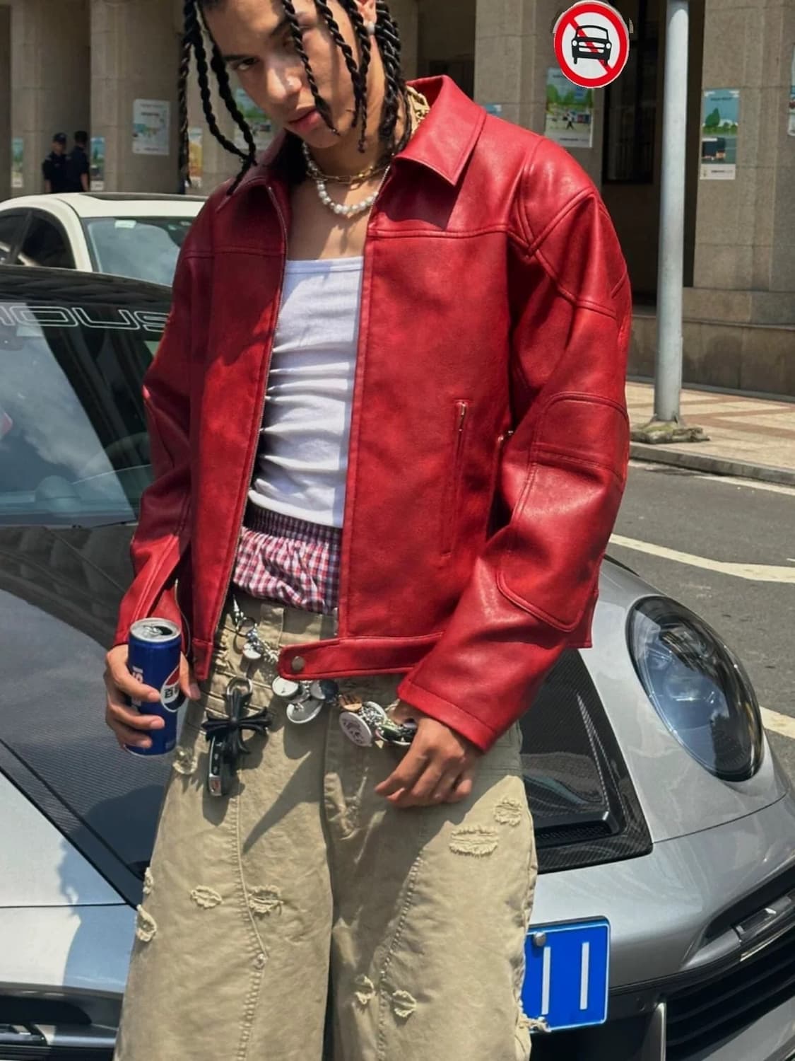 크림슨 레드 레더 자켓 상품이미지1