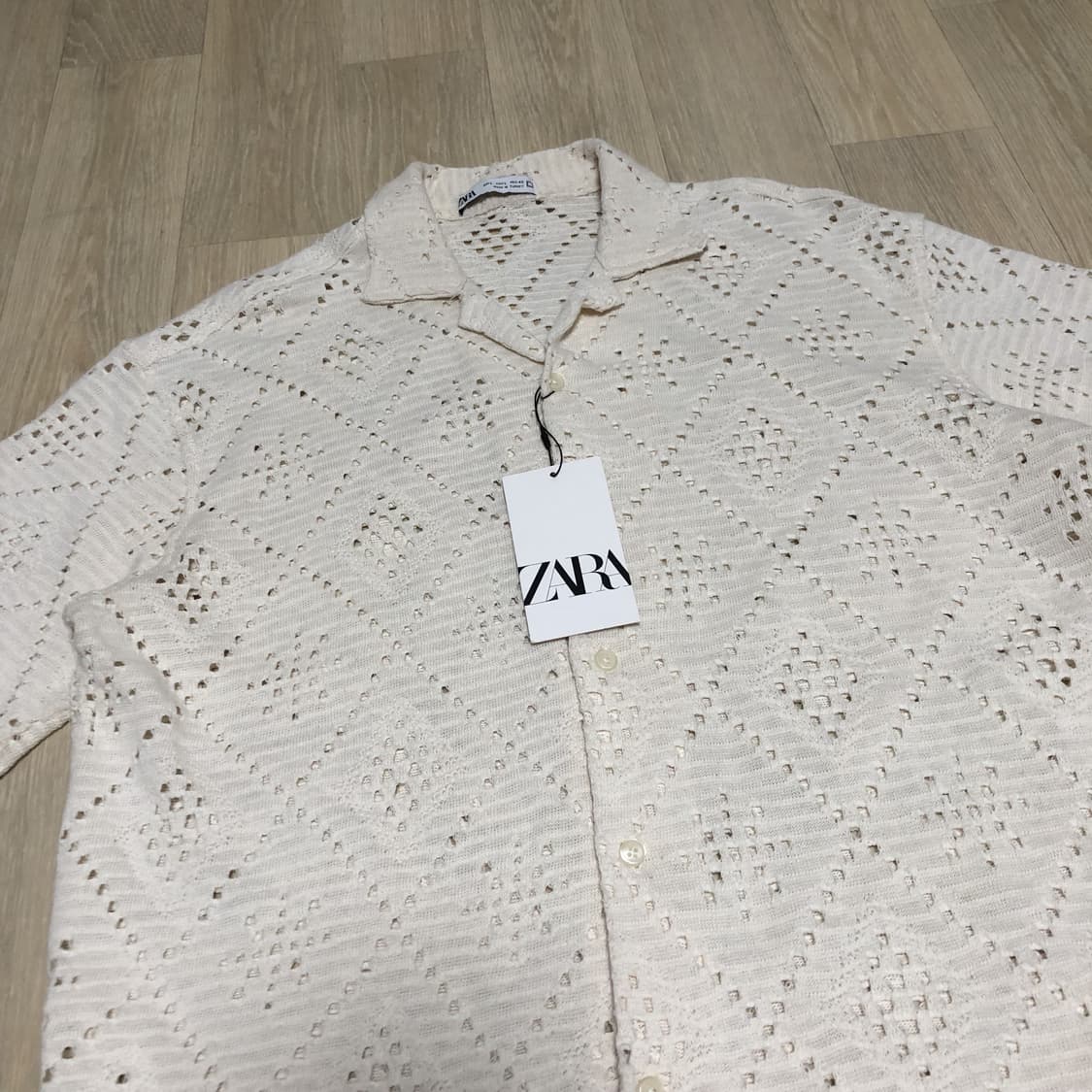 (L) 새상품 ZARA 자라 텍스처드 크로셰 반팔 셔츠 아이보리 상품이미지5