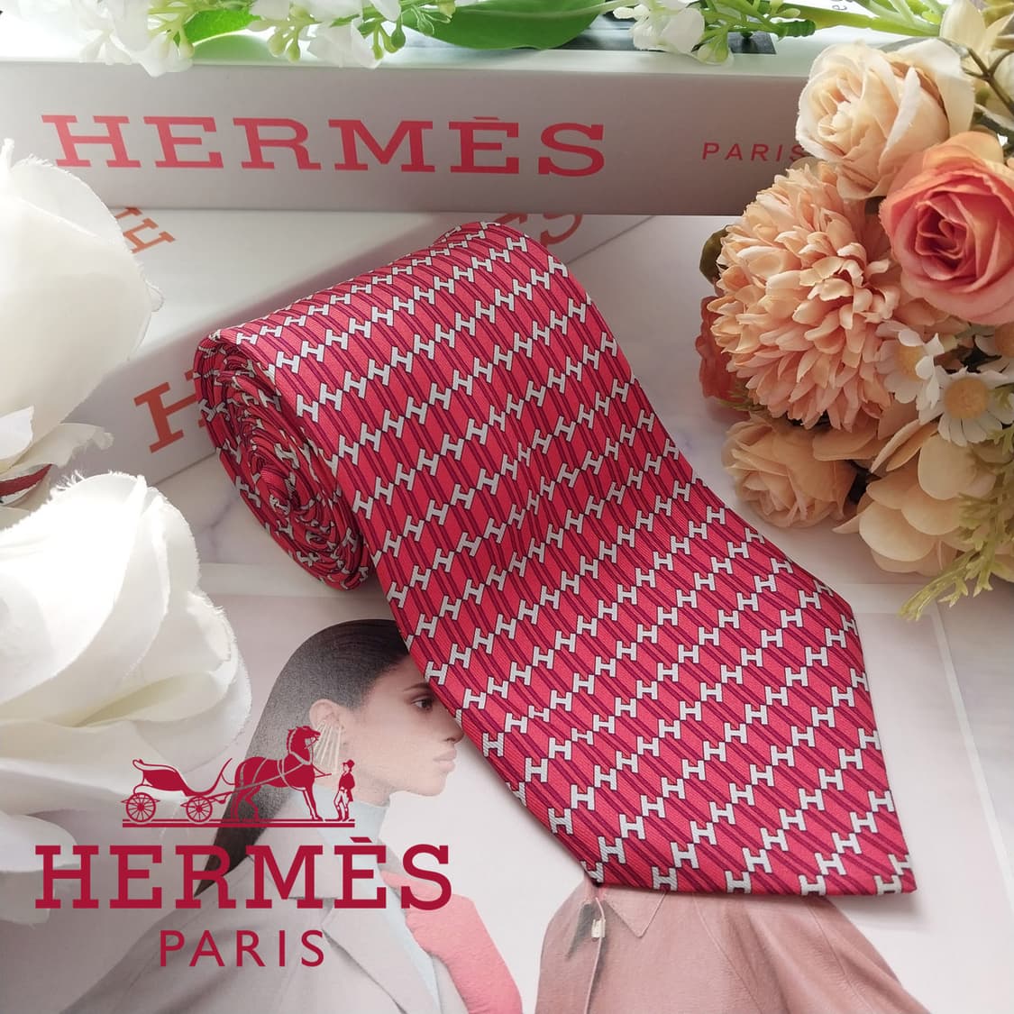 에르메스 실크 레드 H 모티브 넥타이 9.5cm A+~A등급 K2042 상품이미지1