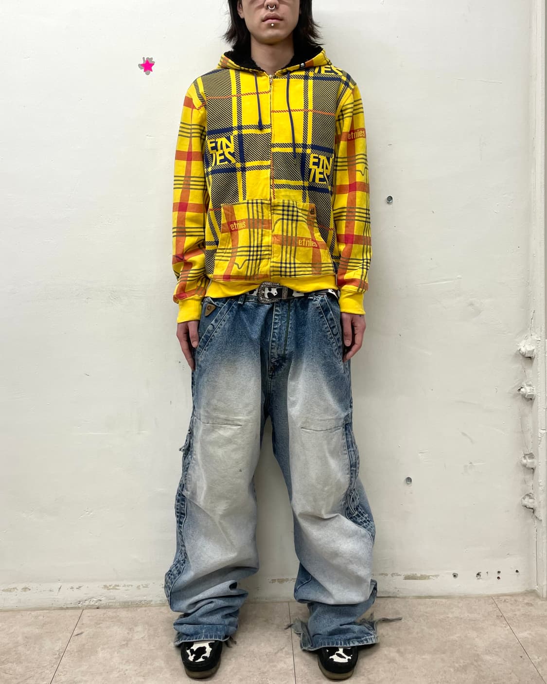 Yellow Checkered Hip Hop Hoodie Zip-Up 상품이미지3