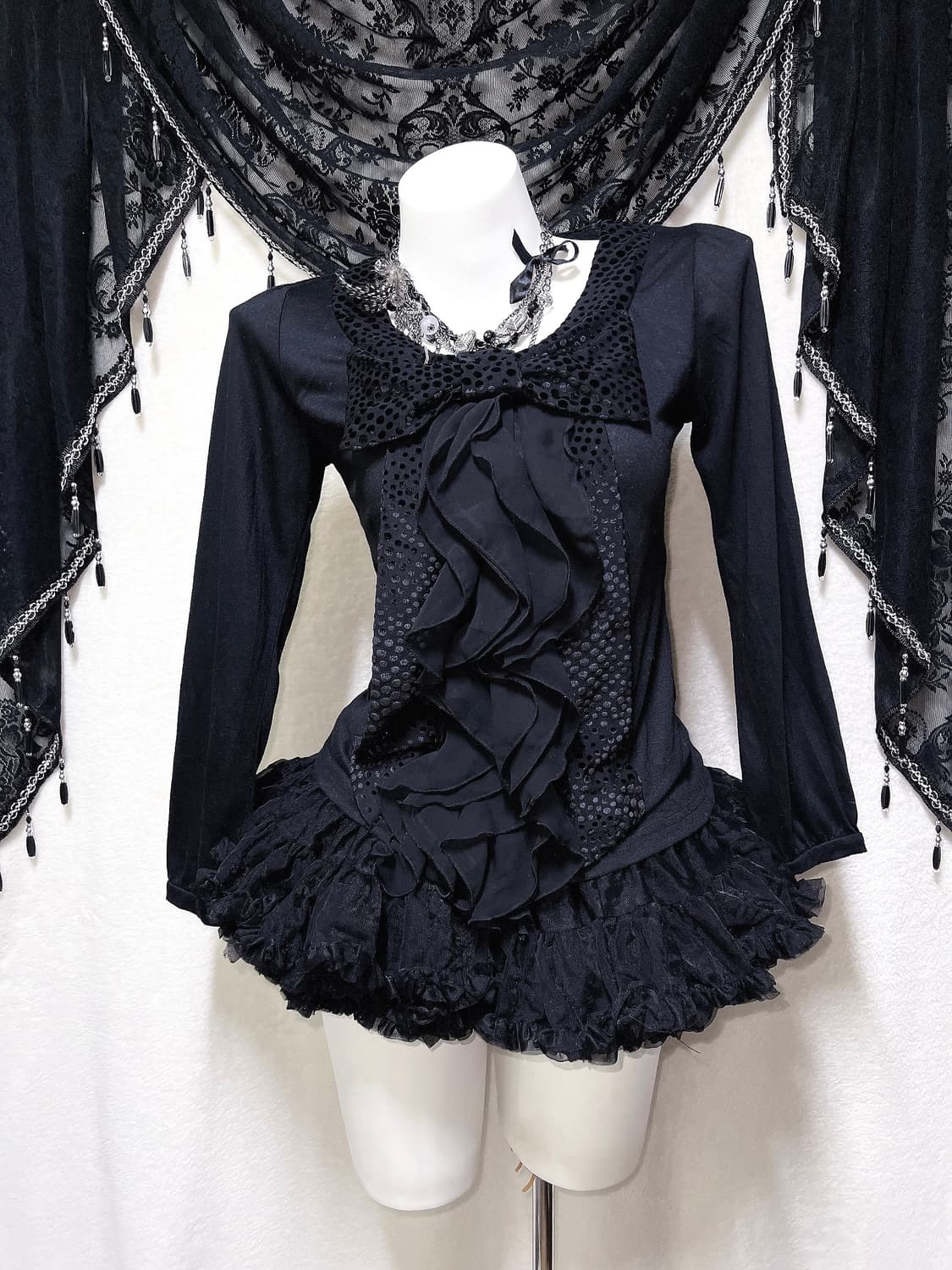 엑시즈팜 로맨틱고딕 왕리본 도트 땡땡이 프릴 로걀탑 공겜 고스로리 핀터 상품이미지1