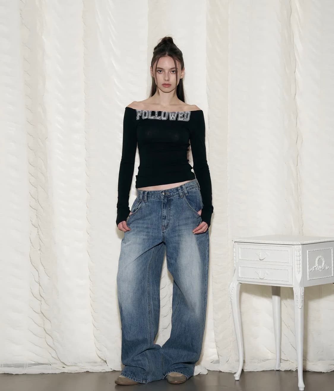 플리즈노팔로우 워싱 와이드 데님 s 상품이미지1