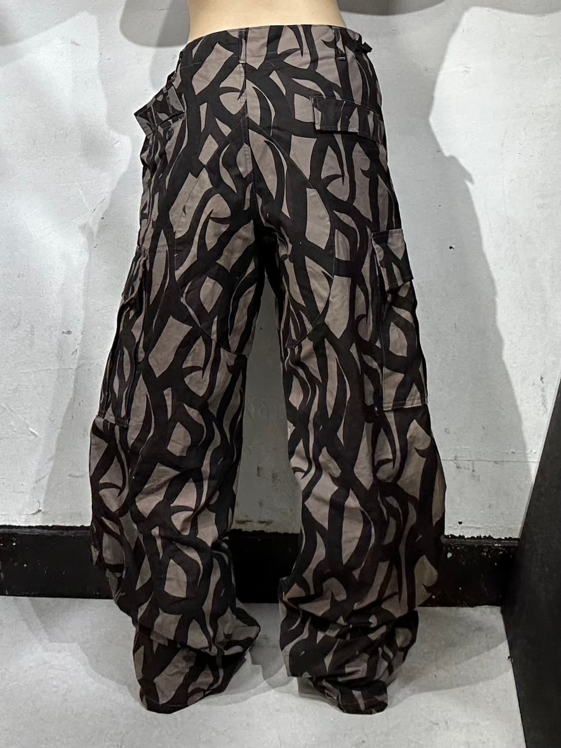 일본 빈티지 베이지 밀리터리 카모 트라이벌 테라 카고 와이드 팬츠 XL 상품이미지3