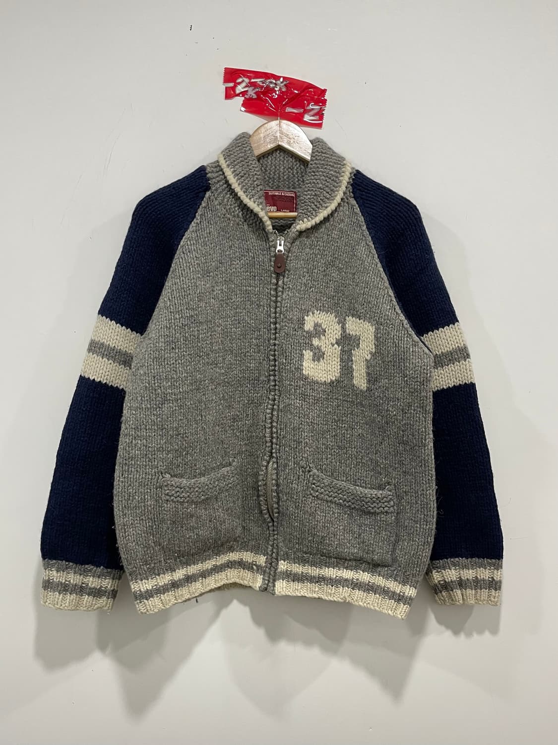 90’s Jpn Plëvo 빅로고 울 숄카라 코위찬 니트집업 상품이미지4