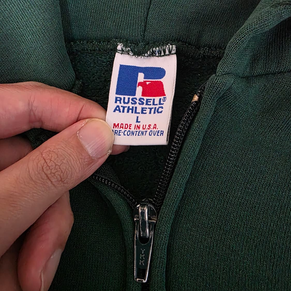[L] 90s USA 빈티지 러셀 애슬레틱 후드집업 그린 ver. 스테인 상품이미지5