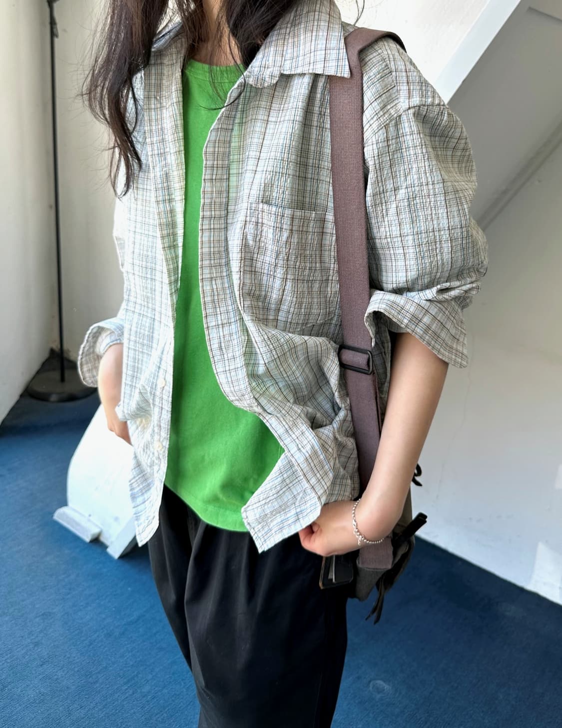 Light sucker fabric natural check shirt 상품이미지9